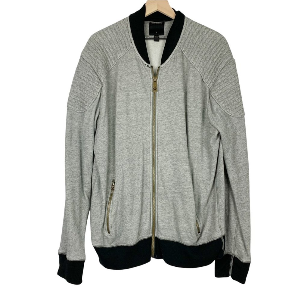 True Religion Men's Gray Black Full Zip 100% Cotton Bomber Jacket Size XXL.